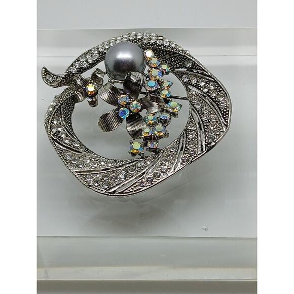 Gorgeous Vintage Estate Silver Grey Pearl Rhinestone Crystal AB Brooch - Picture 6 of 13